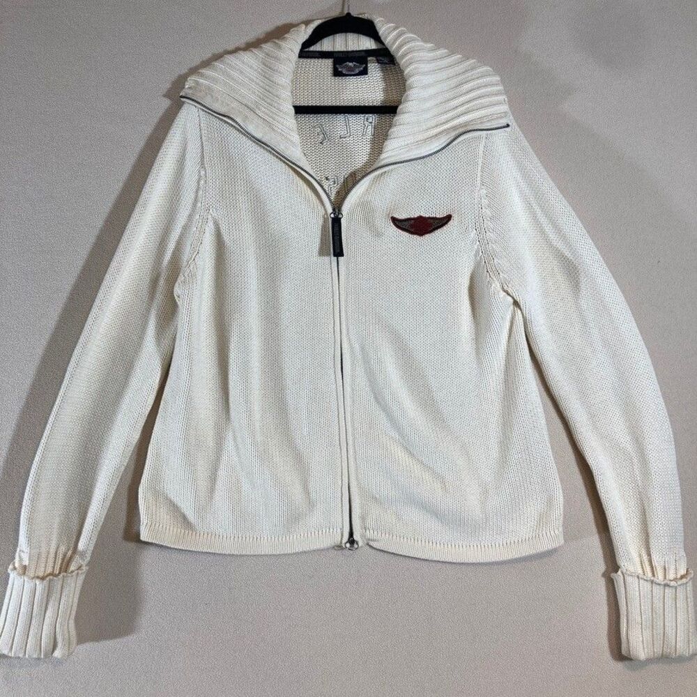 Vtg Y2K 2004 Harley Davidson Women 2X Chunky Knit Ivory Spell Out Back‎ Full Zip
